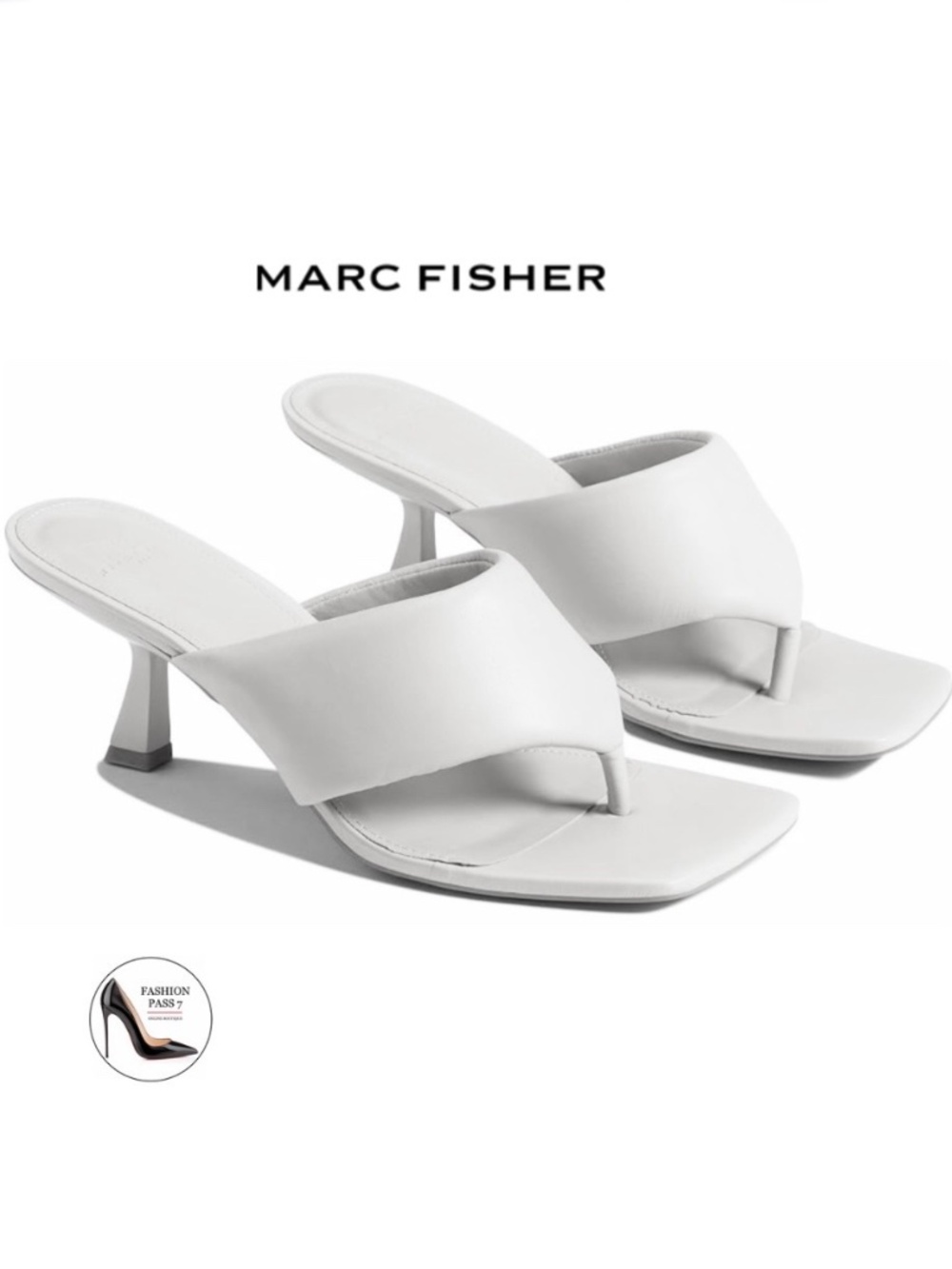 Marc Fisher Cici White Leather Thong Sandals Square Toe Kitten heel Mules 7